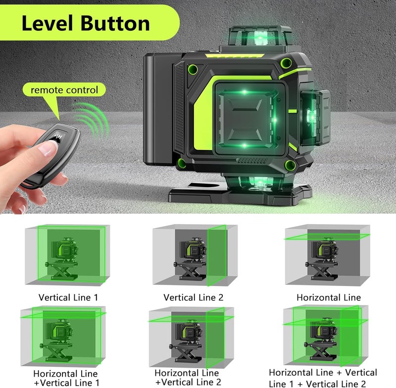 MBYULO 16 Line Laser Level 360 Self Leveling, 4x360°Professional 4D Green Cross Line laser Level with 2 Batteries, Adjustable Brightness & Remote Control, for Tiling Floor Construction and Picture Hanging - Image 4